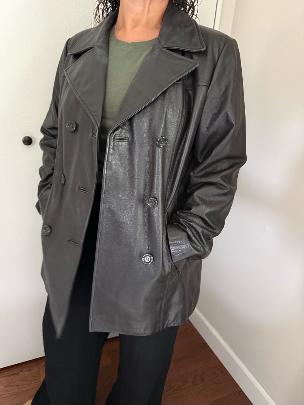 Women’s Black Leather Double-Breasted Coat